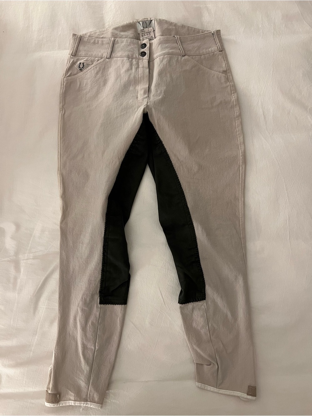 Women's White Riding Breeches with Charcoal Full Seat Panel